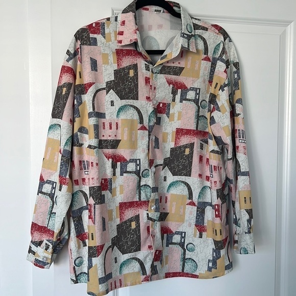 None Tops - Colorful pixel painting long sleeve button‎ down blouse